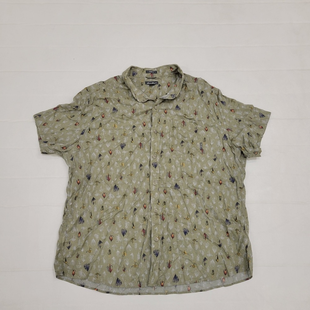 Eddie Bauer Outdoor Short Sleeve Button Up Shirt All Over Print Mens 2XL Fishing